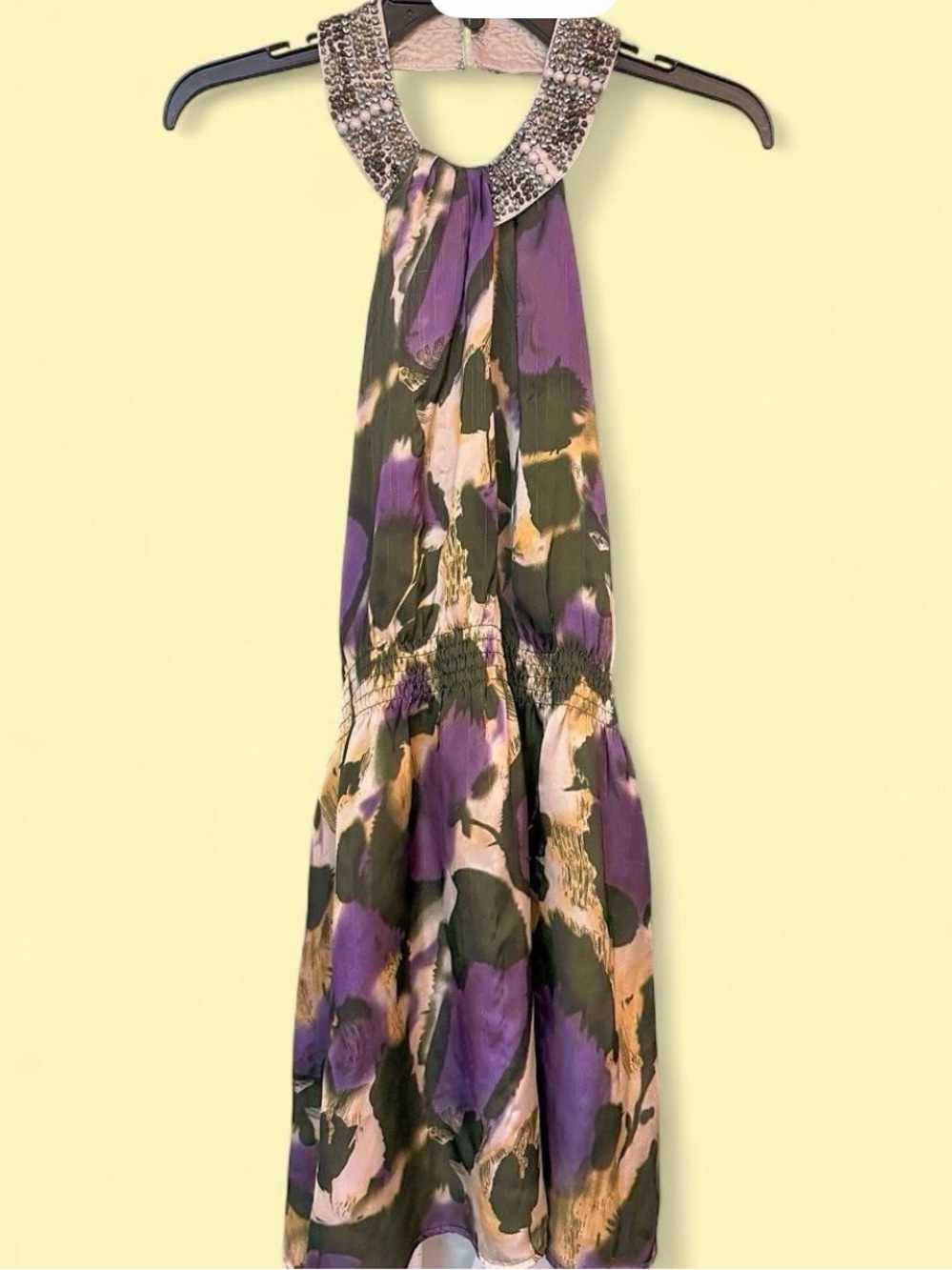 Black Beaded-Collar Backless Halter Dress in Purple and Olive